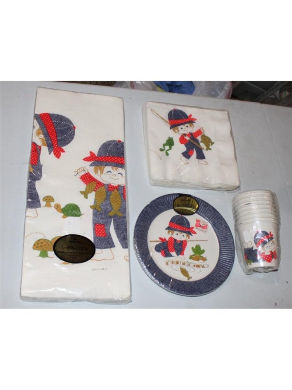 Vintage Hallmark Fishing Boy Party Plates Napkins Cups Set of 8 Frogs Mushroom